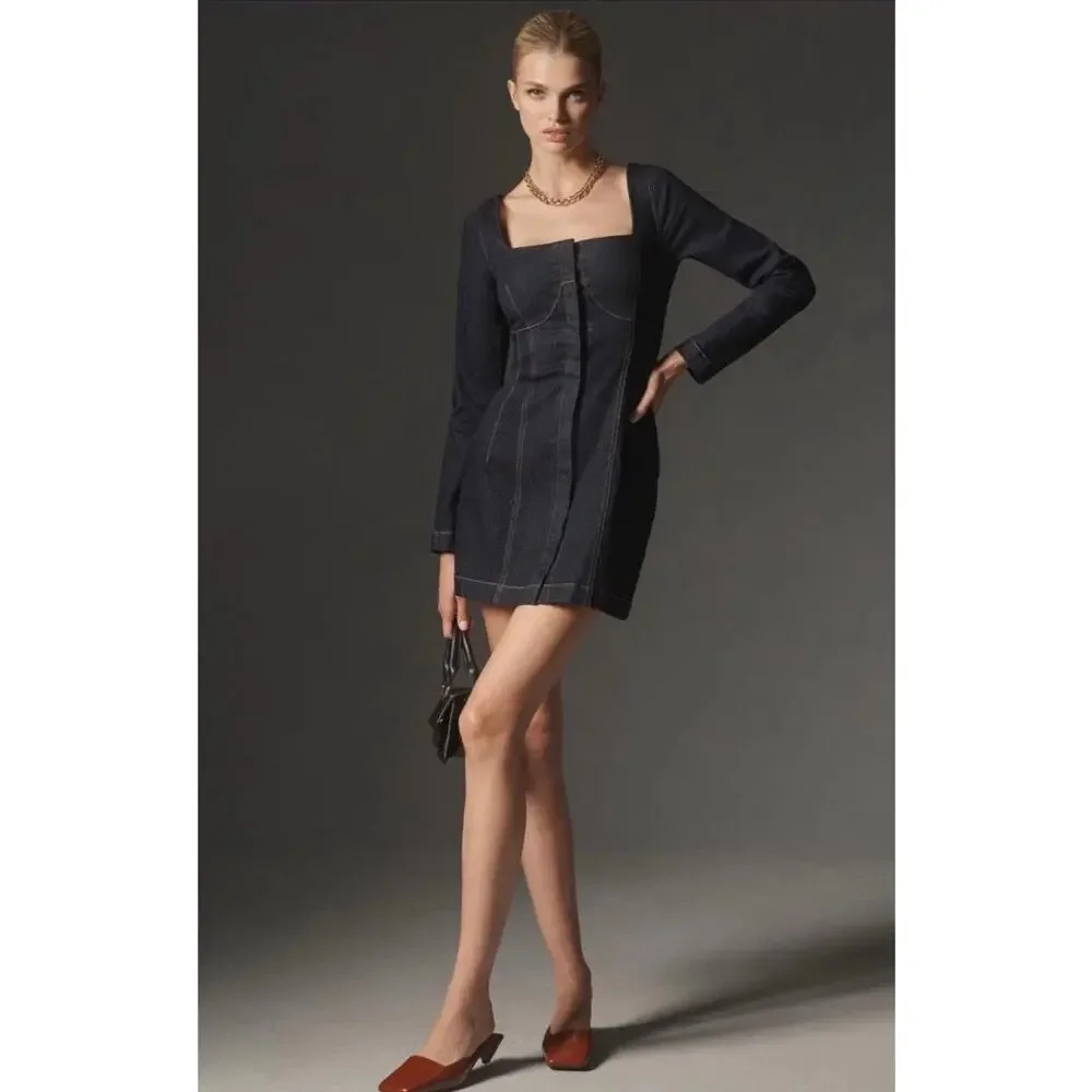 Anthro SOVERE Dusk Denim Mini Dress Ink Blue M NWT - Picture 9 of 9